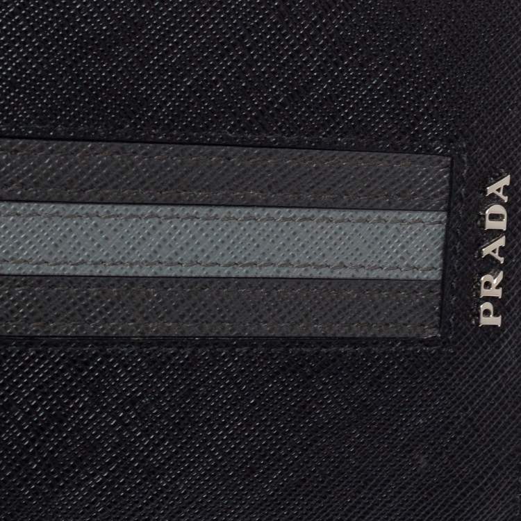 Pre Owned Prada Black/Grey Saffiano Leather Stripe Bi-Fold Wallet 