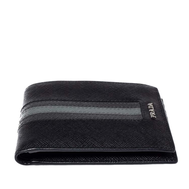 Pre Owned Prada Black/Grey Saffiano Leather Stripe Bi-Fold Wallet 