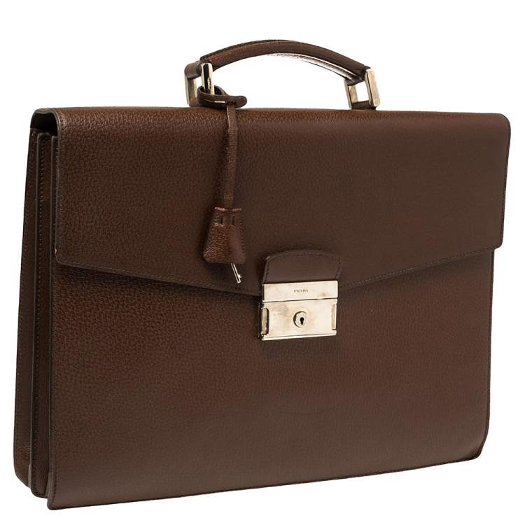 Pre Owned Prada Mocha Brown Leather Work Briefcase 