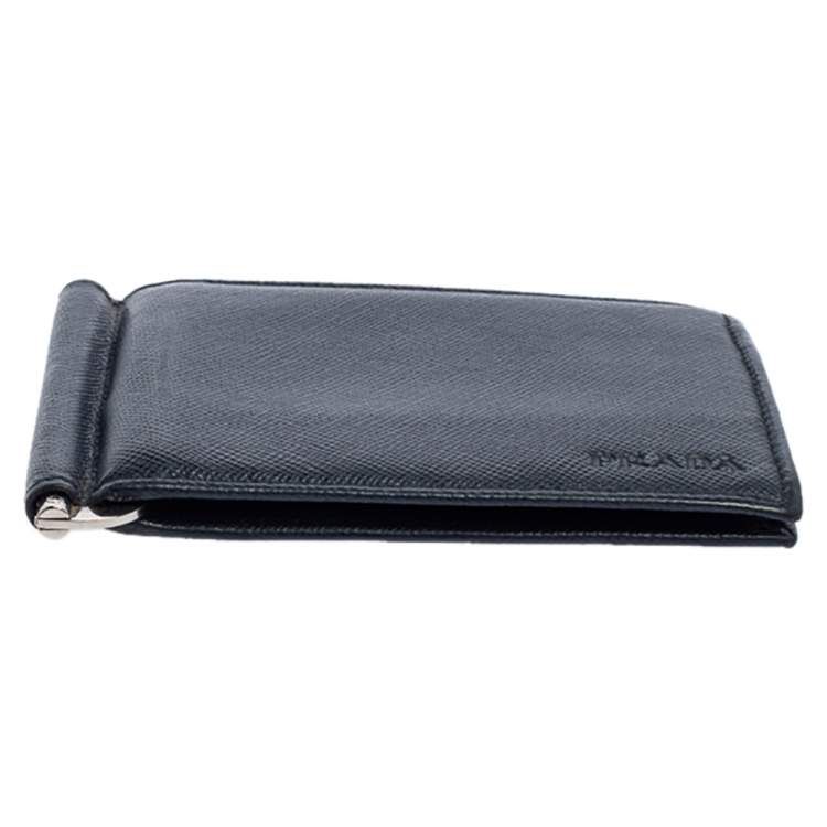 Pre Owned Prada Navy Blue Saffiano Lux Leather Money Clip Bifold Wallet