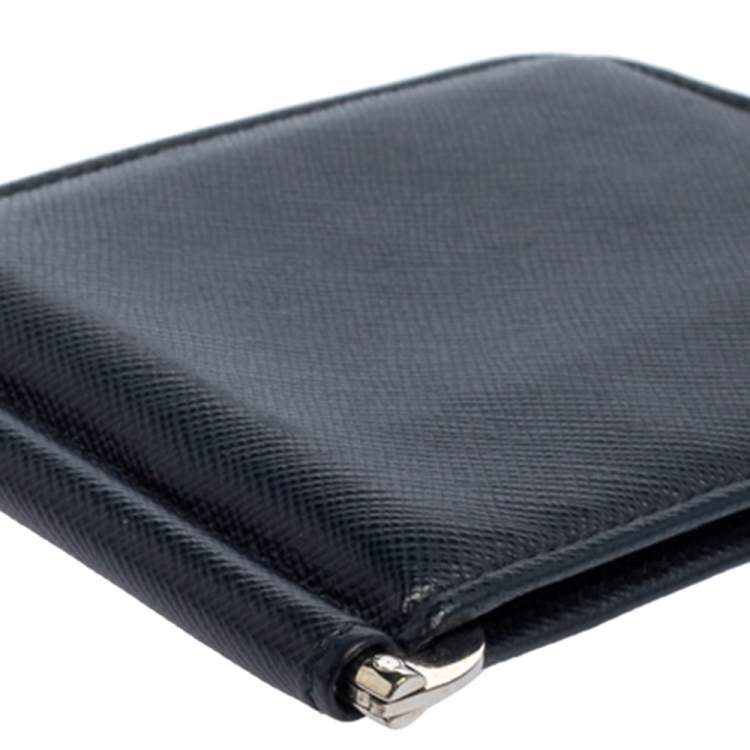 Pre Owned Prada Navy Blue Saffiano Lux Leather Money Clip Bifold Wallet