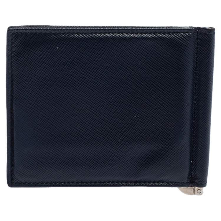 Pre Owned Prada Navy Blue Saffiano Lux Leather Money Clip Bifold Wallet