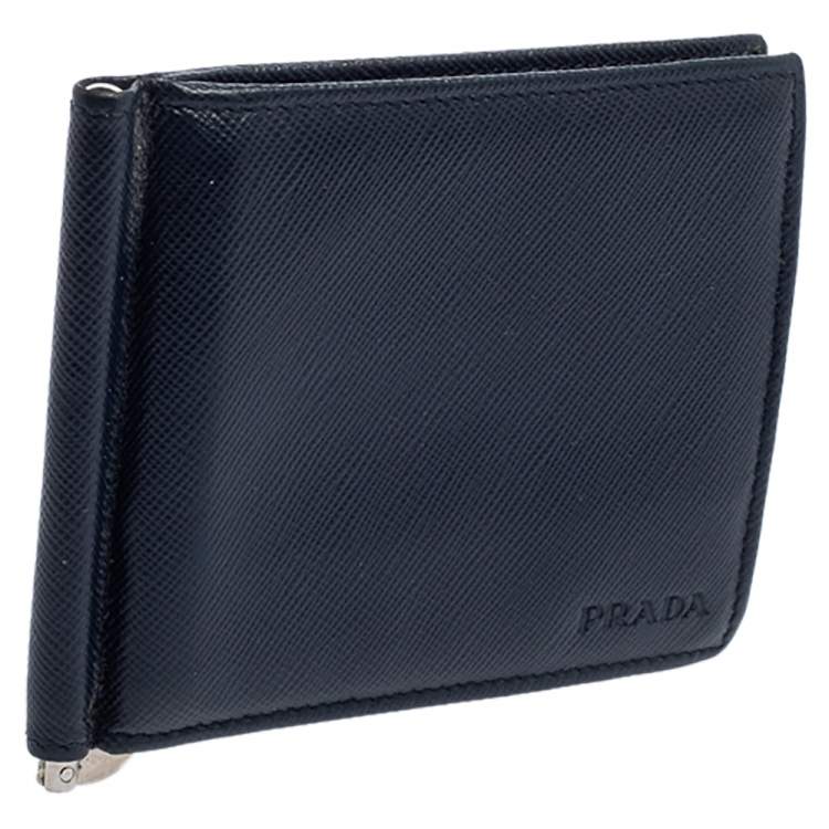 Pre Owned Prada Navy Blue Saffiano Lux Leather Money Clip Bifold Wallet