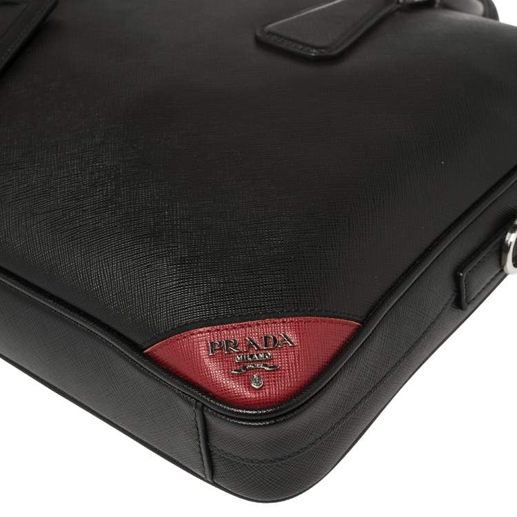 Pre Owned Prada Black Saffiano Leather Briefcase Laptop Bag
