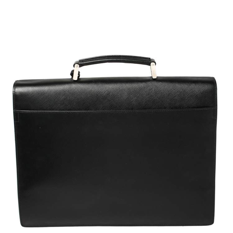 Pre Owned Prada Black Saffiano Lux Leather Double Gusset Briefcase
