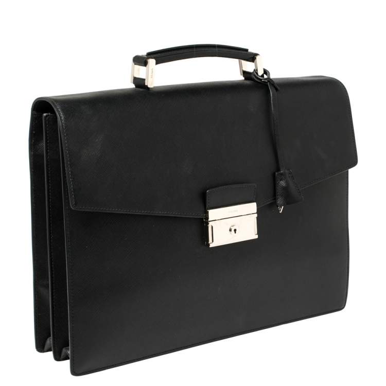 Pre Owned Prada Black Saffiano Lux Leather Double Gusset Briefcase