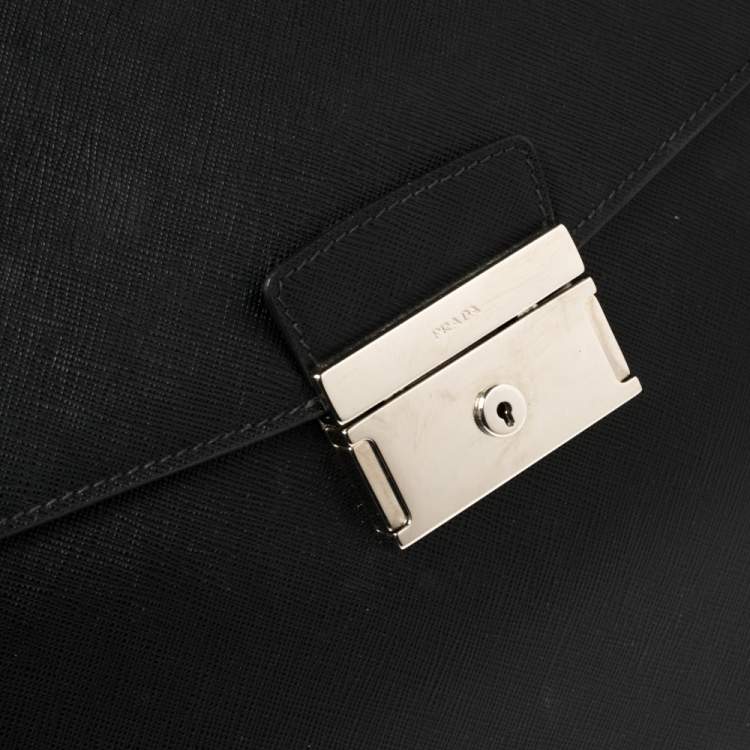 Pre Owned Prada Black Saffiano Lux Leather Double Gusset Briefcase