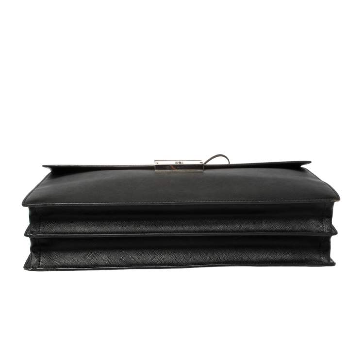 Pre Owned Prada Black Saffiano Lux Leather Double Gusset Briefcase