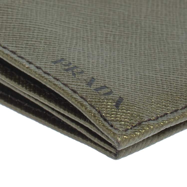 Pre Owned Prada Metallic Green Saffiano Leather Card Holder
