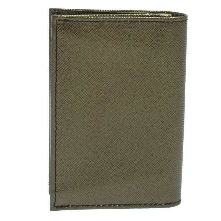Pre Owned Prada Metallic Green Saffiano Leather Card Holder