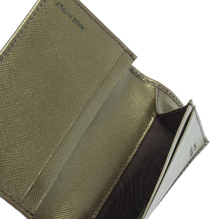 Pre Owned Prada Metallic Green Saffiano Leather Card Holder