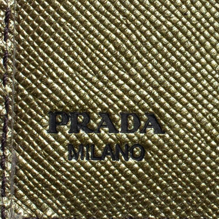 Pre Owned Prada Metallic Green Saffiano Leather Card Holder