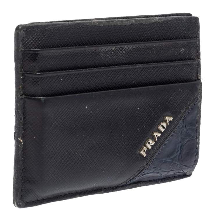 Pre Owned Prada Black/Navy Blue Saffiano Leather and Crocodile Card Holder