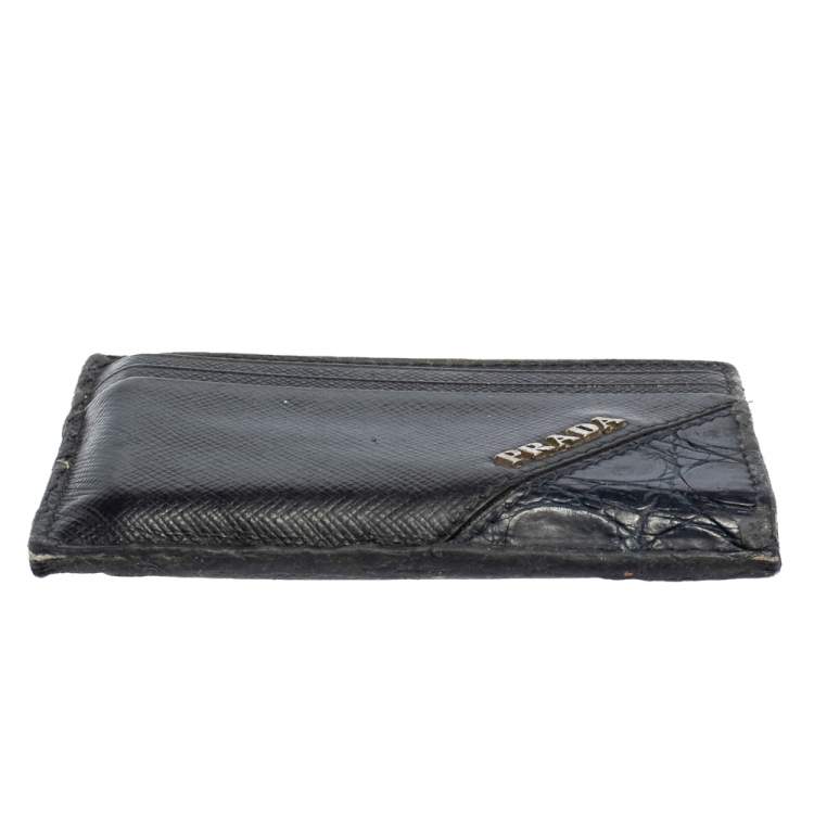 Pre Owned Prada Black/Navy Blue Saffiano Leather and Crocodile Card Holder