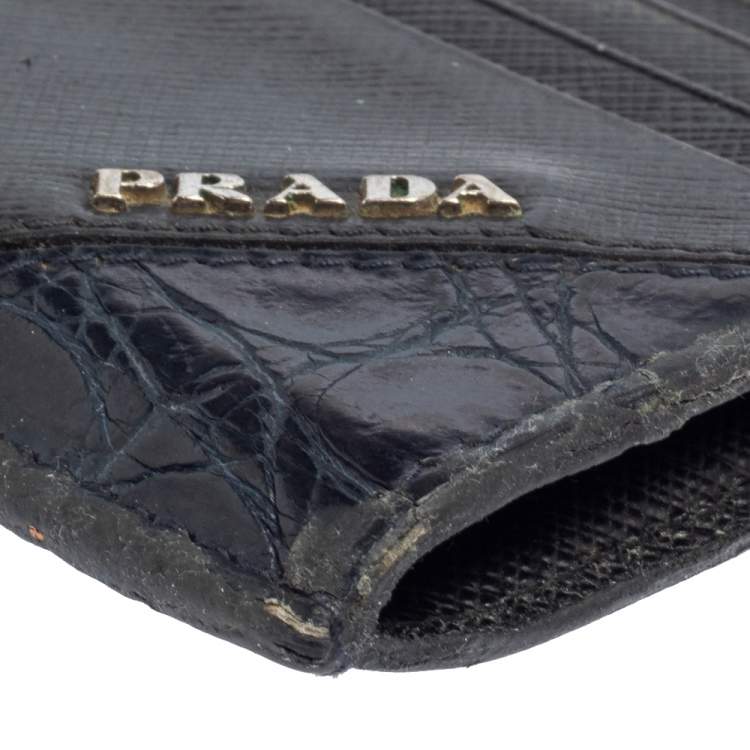 Pre Owned Prada Black/Navy Blue Saffiano Leather and Crocodile Card Holder