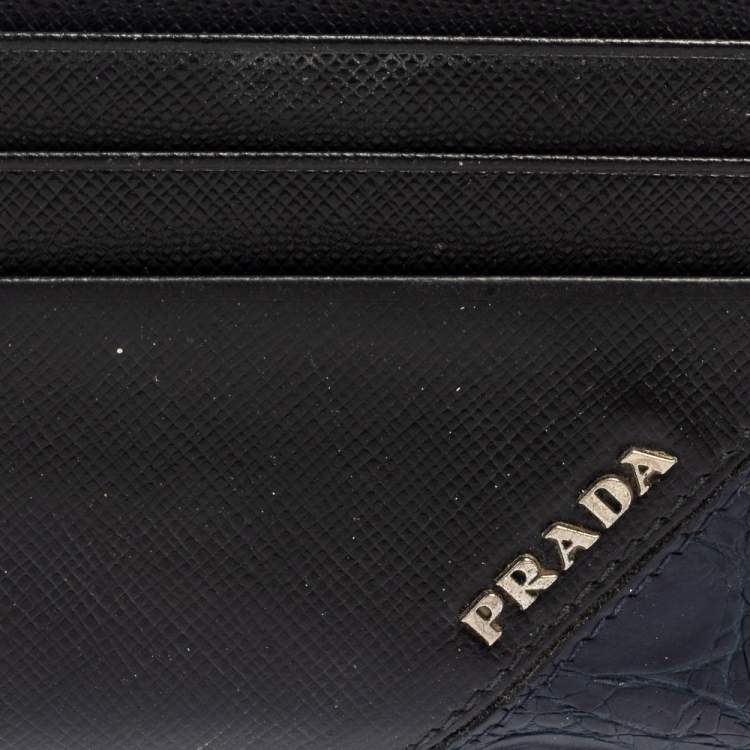 Pre Owned Prada Black/Navy Blue Saffiano Leather and Crocodile Card Holder