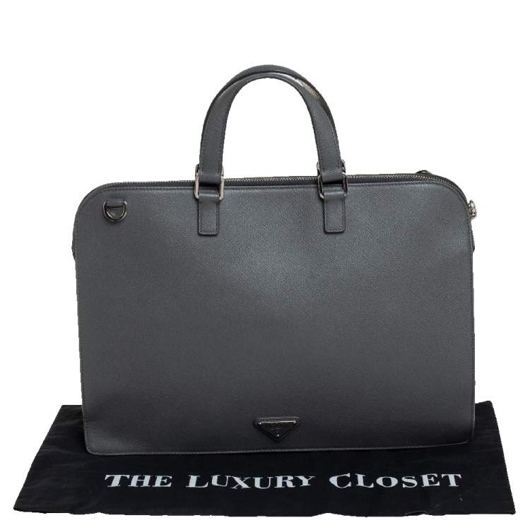 Pre Owned Prada Grey Saffiano Lux Leather Travel Briefcase 
