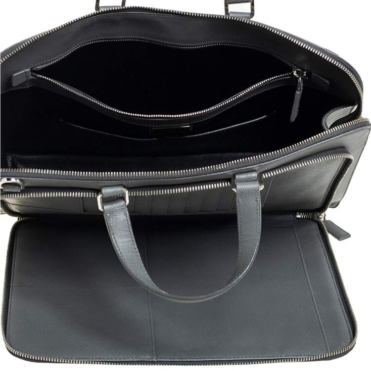 Pre Owned Prada Grey Saffiano Lux Leather Travel Briefcase 