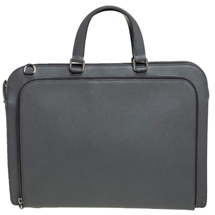 Pre Owned Prada Grey Saffiano Lux Leather Travel Briefcase 