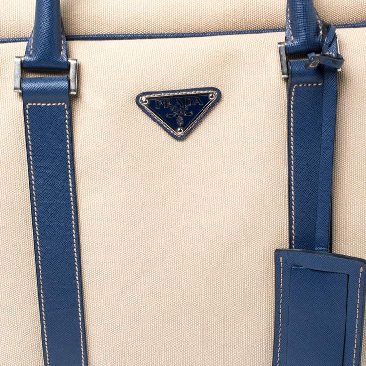 Pre Owned Prada Blue/Beige Canvas and Saffiano Leather Briefcase