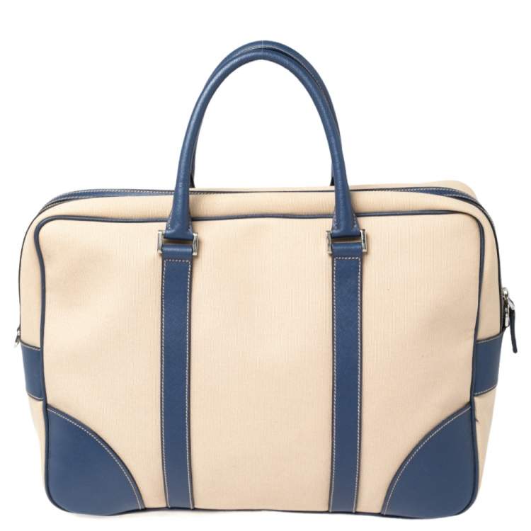 Pre Owned Prada Blue/Beige Canvas and Saffiano Leather Briefcase