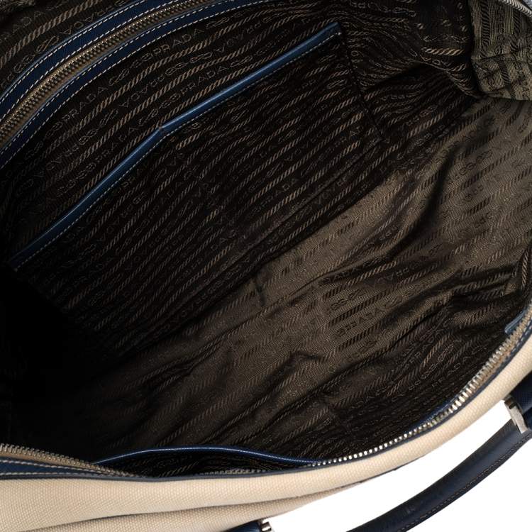 Pre Owned Prada Blue/Beige Canvas and Saffiano Leather Briefcase