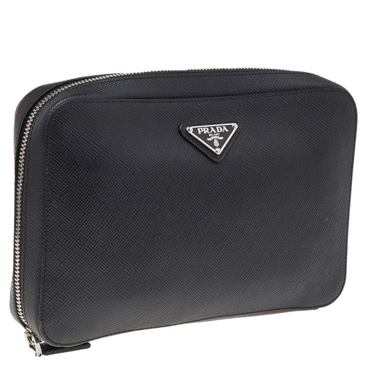 Pre Owned Prada Black Saffiano Leather Zip Around Clutch