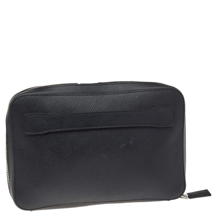 Pre Owned Prada Black Saffiano Leather Zip Around Clutch