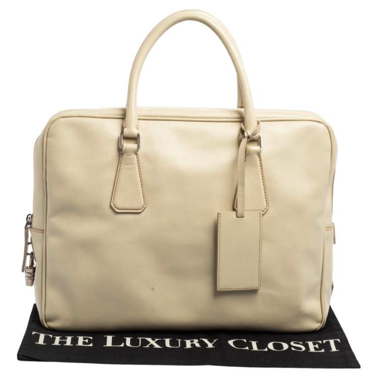 Pre Owned Prada Cream Saffiano Lux Leather Laptop Bag