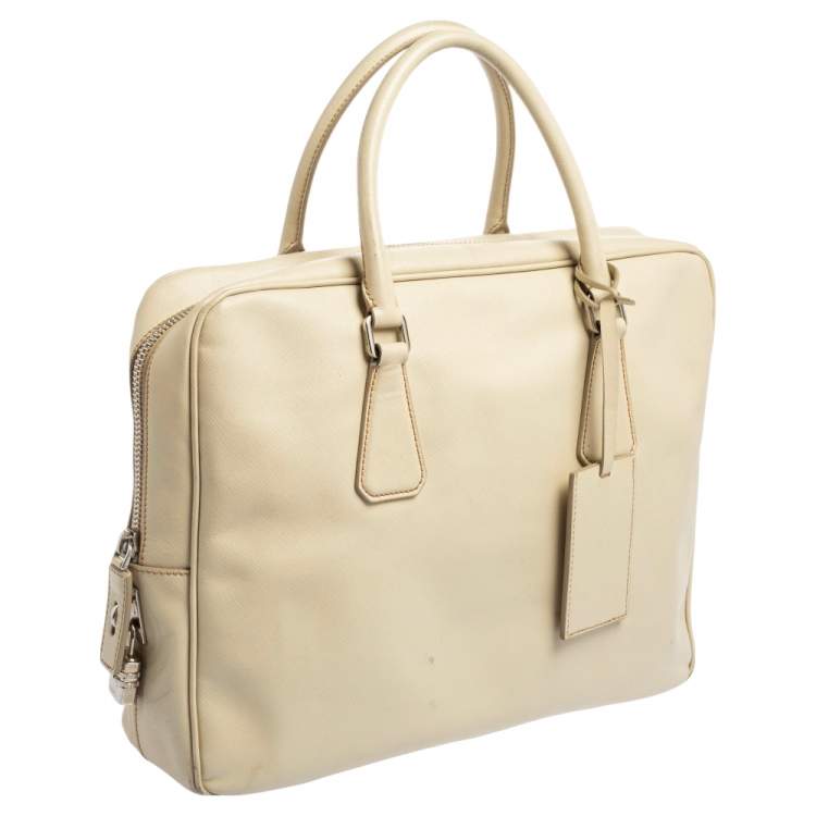 Pre Owned Prada Cream Saffiano Lux Leather Laptop Bag