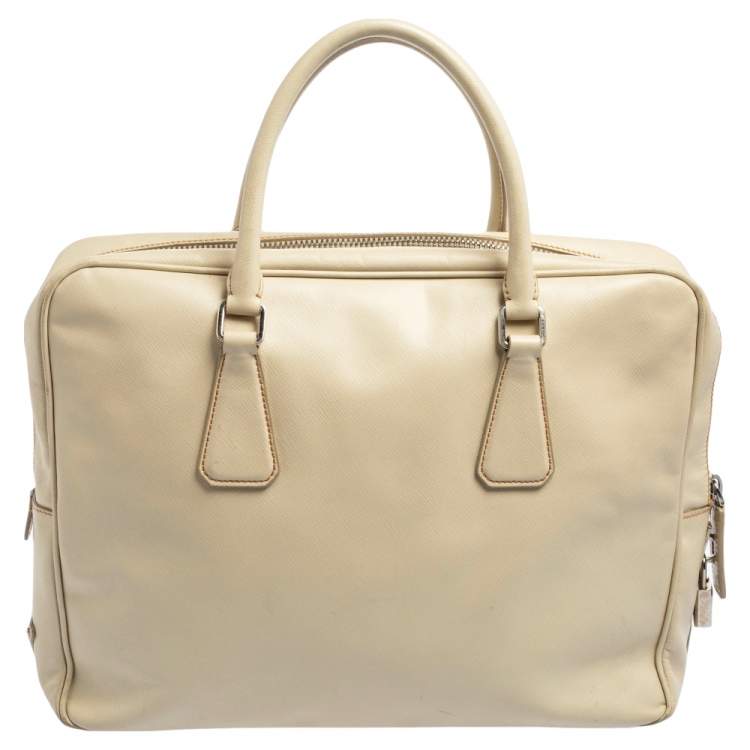 Pre Owned Prada Cream Saffiano Lux Leather Laptop Bag