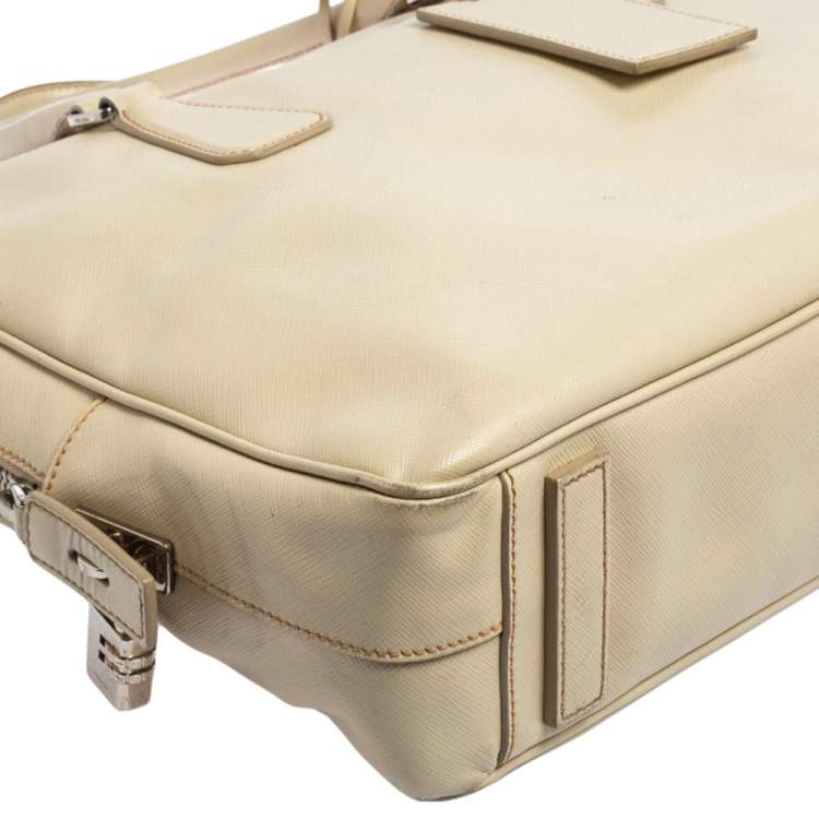 Pre Owned Prada Cream Saffiano Lux Leather Laptop Bag