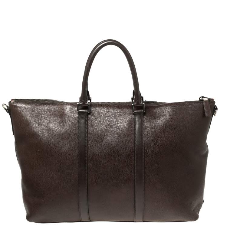 Pre Owned Prada Dark Brown Leather Top Zip Weekender Bag