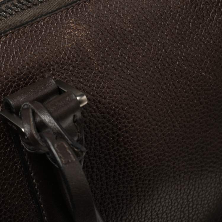 Pre Owned Prada Dark Brown Leather Top Zip Weekender Bag