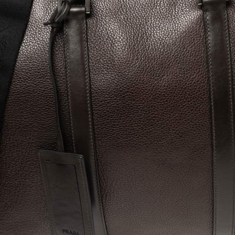 Pre Owned Prada Dark Brown Leather Top Zip Weekender Bag