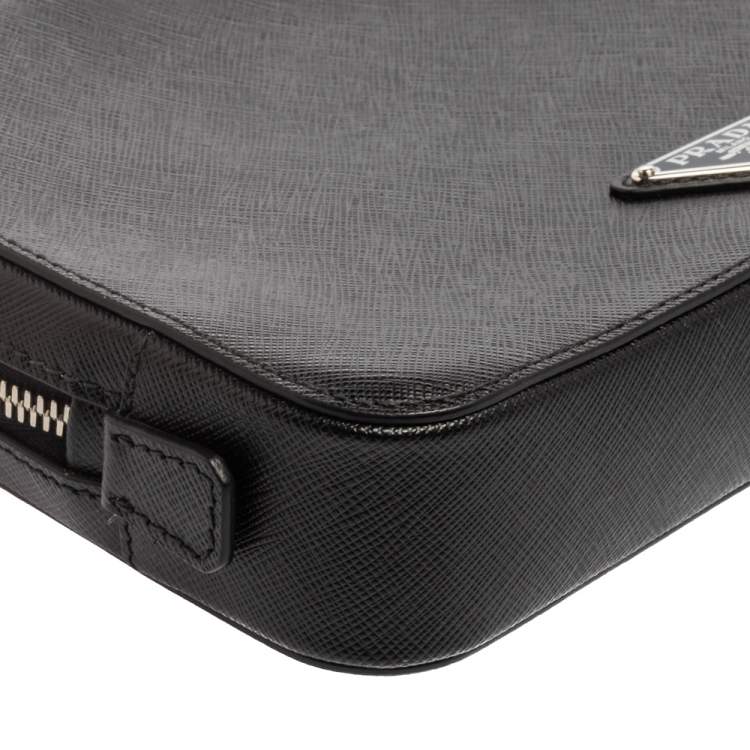 Pre Owned Prada Black Saffiano Leather Portfolio Wristlet Clutch