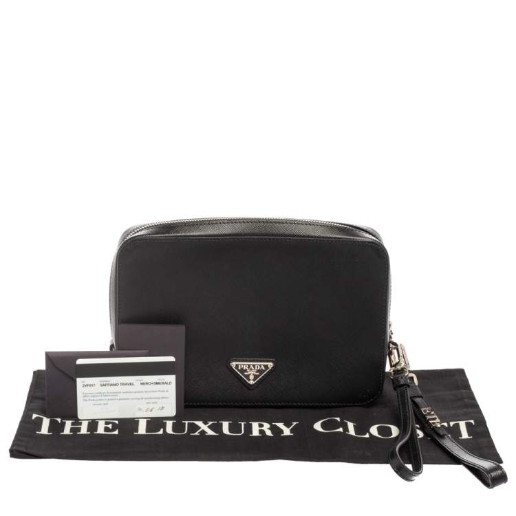 Pre Owned Prada Black Saffiano Leather Portfolio Wristlet Clutch
