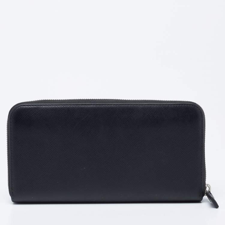 Pre Owned Prada Black Saffiano Leather Travel Zip Around Wallet