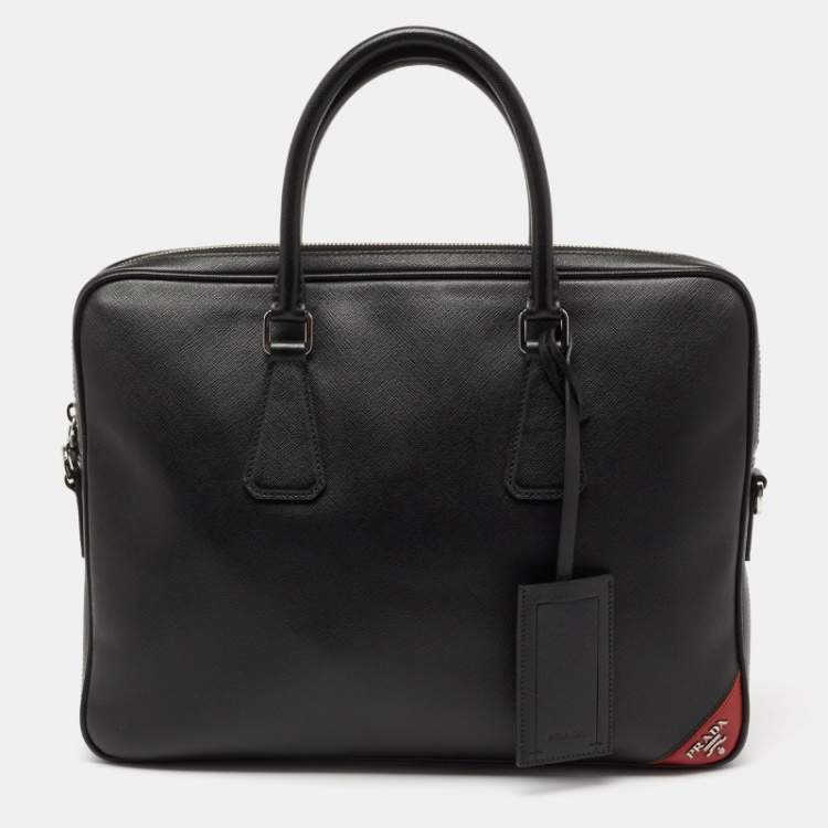 Pre Owned Prada Black Saffiano Lux Leather Laptop Briefcase Bag