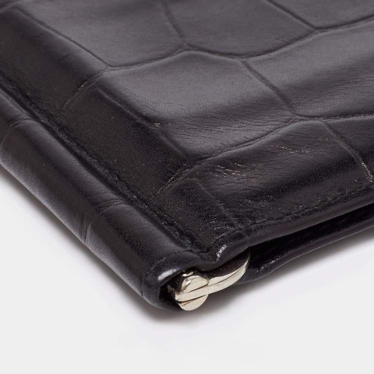 Pre Owned Prada Black Croc Embossed Leather Money Clip Bifold Wallet