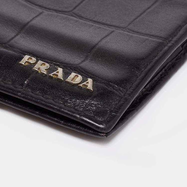 Pre Owned Prada Black Croc Embossed Leather Money Clip Bifold Wallet