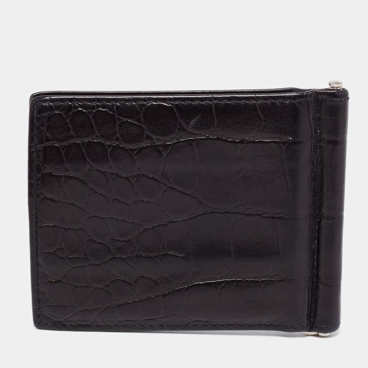 Pre Owned Prada Black Croc Embossed Leather Money Clip Bifold Wallet