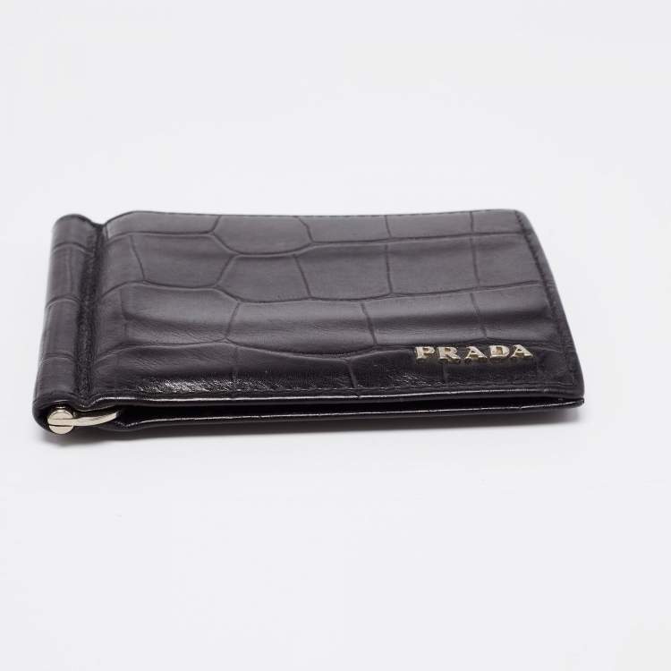 Pre Owned Prada Black Croc Embossed Leather Money Clip Bifold Wallet