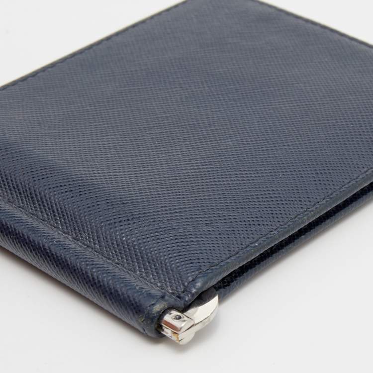Pre Owned Prada Navy Blue Saffiano Leather Money Clip Bifold Wallet