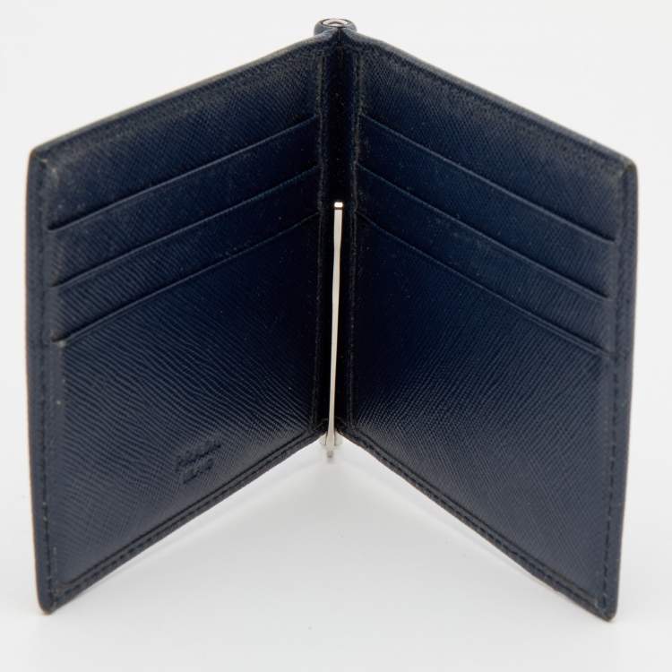 Pre Owned Prada Navy Blue Saffiano Leather Money Clip Bifold Wallet