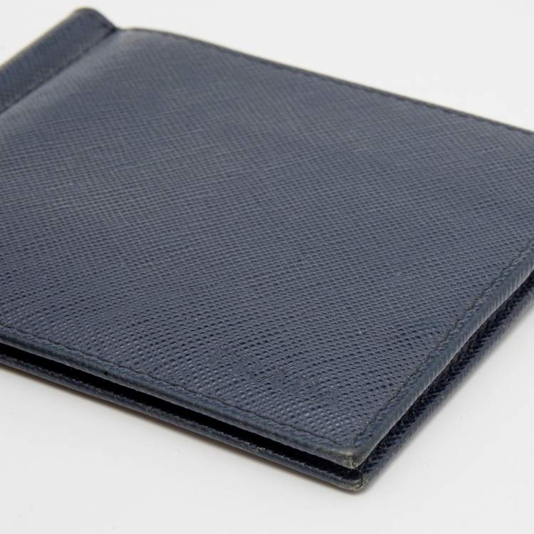 Pre Owned Prada Navy Blue Saffiano Leather Money Clip Bifold Wallet