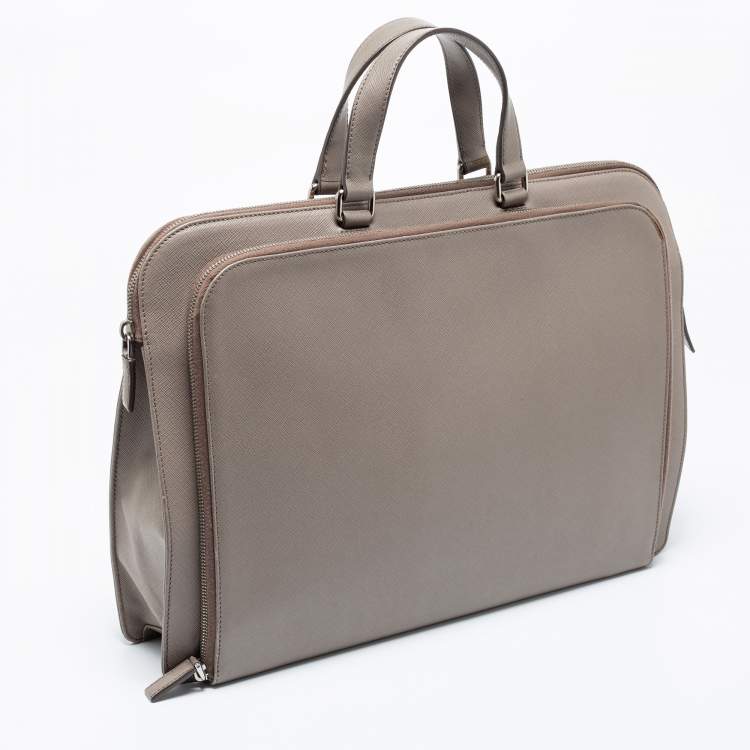 Pre Owned Prada Grey Saffiano Leather Briefcase Laptop Bag