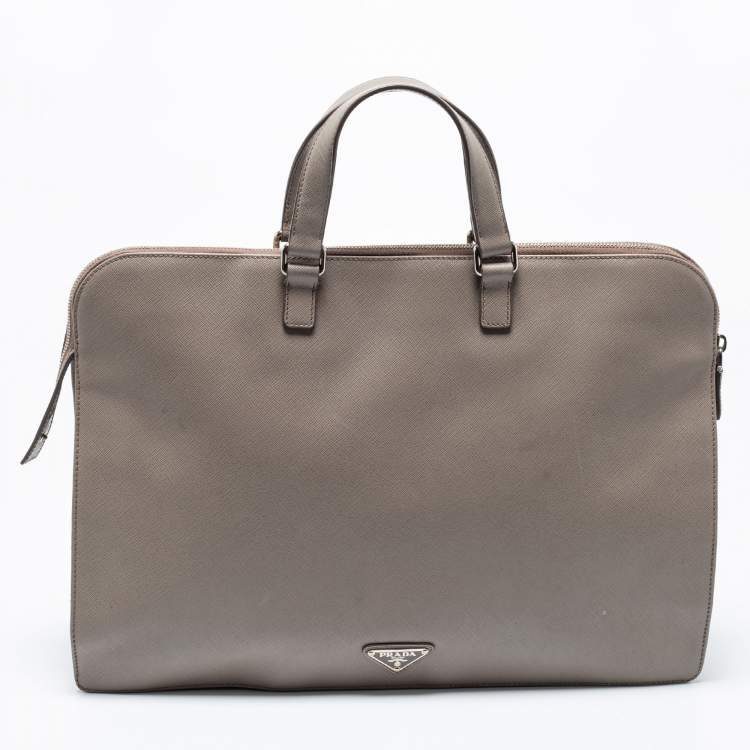 Pre Owned Prada Grey Saffiano Leather Briefcase Laptop Bag
