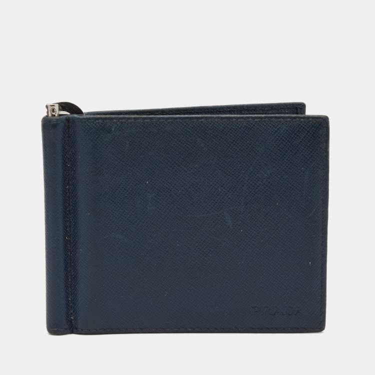 Prada Navy Blue Saffiano Lux Leather Money Clip Bi-fold Wallet