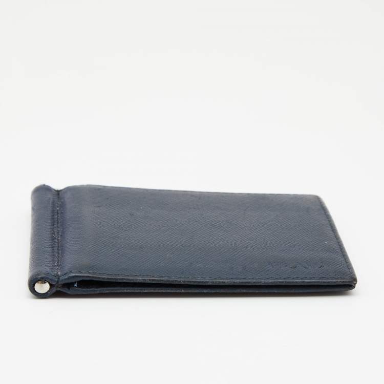 Pre Owned Prada Navy Blue Saffiano Leather Money Clip Bifold Wallet
